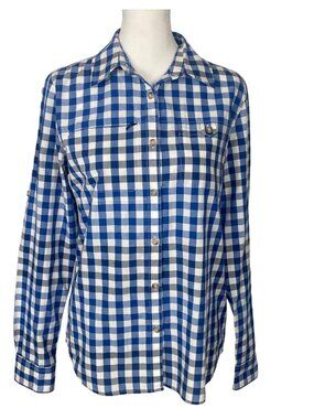 PATAGONIA Women Long Sleeve Checker Button Front Blouse Sz S Blue‎ Casual 6-19